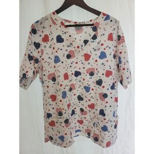GALS of California Patriotic Scrub Top Red White Blue Hearts Stars V-Neck‎ XL